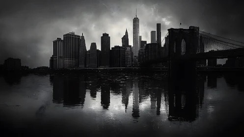 Monochrome skyline with bridge and high-contrast water reflections