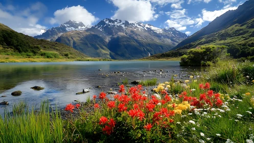 Alpine lake with wildflower foreground under snow-capped peaks