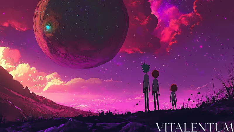 Three quiet silhouettes welcome a looming cosmic neighbor