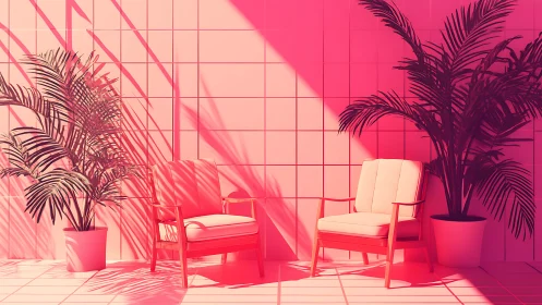 Pink tropical lounge with midcentury chairs and shadows.