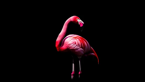 Neon flamingo stands in dramatic light against pure black
