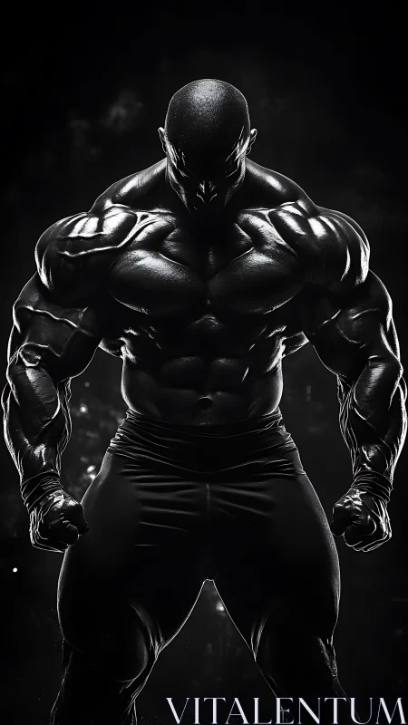 Shadowed superhuman bodybuilder stands in dramatic backlight