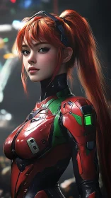 High-detail anime pilot in reflective red exosuit under soft bokeh