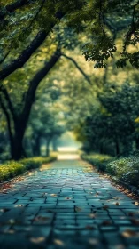 Tree-lined pathway with tiled surface receding into verdant canopy.