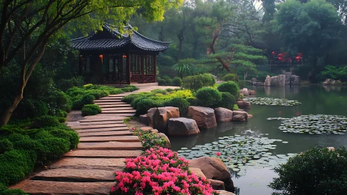 Tranquil garden pavilion invites a peaceful, lingering pause