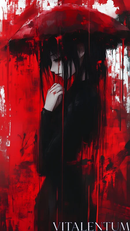 Solitary anime figure under red umbrella in abstract rain.