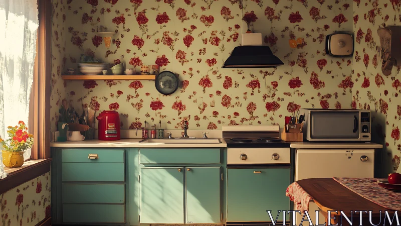 Retro domestic kitchen with teal cabinetry and floral wallpaper.