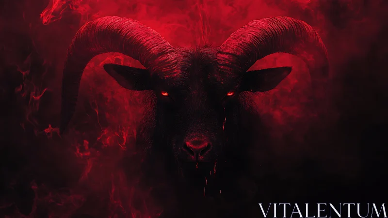 Demonic ram portrait in red smoke with glowing eyes.