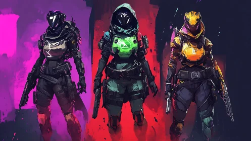 Trio of neon-armored sci fi warriors stand in bold color fields