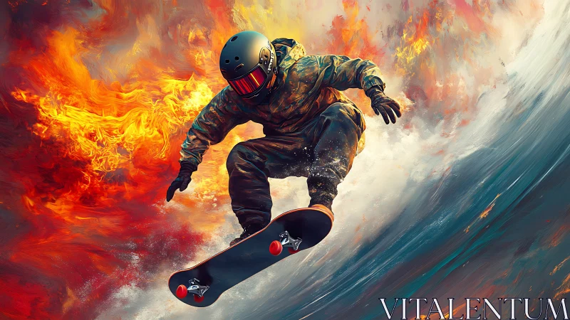 Digital skateboarder carving fiery wave in motion storm.