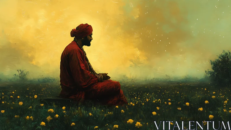 Solitary figure in red robe sits in flowered field at dusk