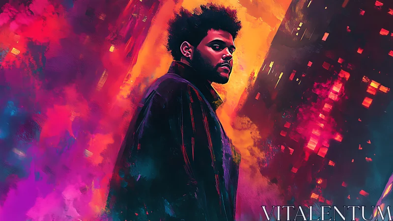 Male figure in neon cityscape digital portrait at night.