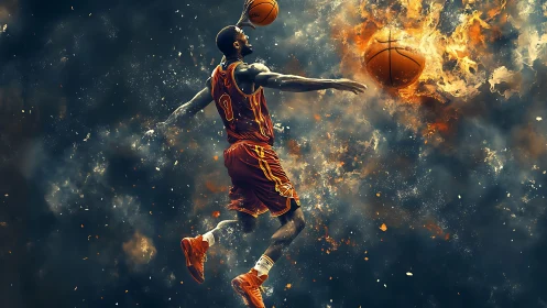 Explosive digital portrait of airborne basketball dunk motion.