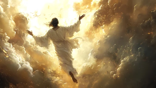 Radiant ascension figure soaring through storm of golden light.