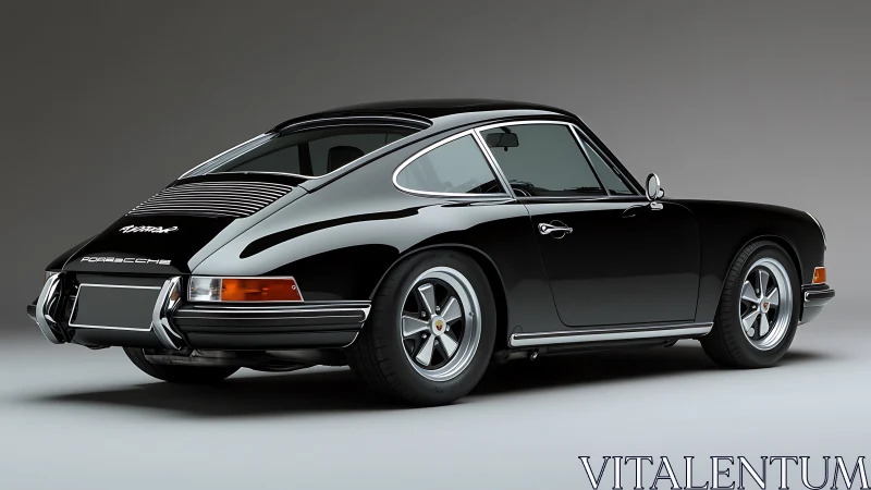 Rear three-quarter studio view shows classic black coupe