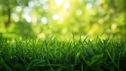 Close-up of fresh green grass with bright bokeh sunlight background.