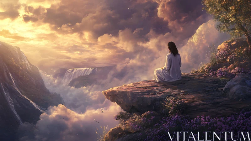 Solitary robed figure overlooking luminous cloud valley.