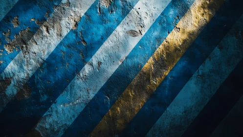 Weathered Wall with Blue and Yellow Diagonal Stripes, Abstract Art.