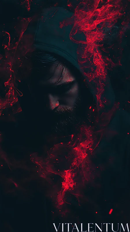 Hooded male figure partially obscured by dense red smoke