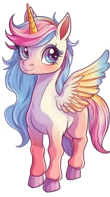 Pastel winged unicorn stands with bright rainbow mane