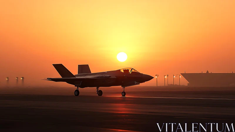 Stealth jet silhouette taxiing through atmospheric sunrise haze.
