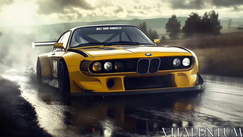 Yellow BMW race car drifting hard on wet country road.