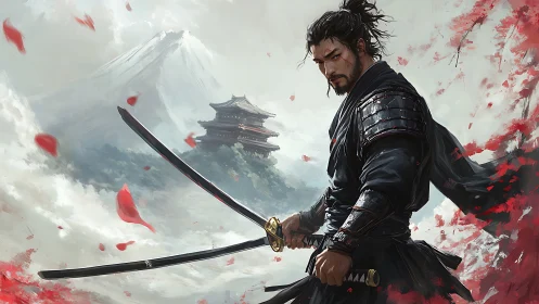 Storm-kissed samurai stands ready amid petals and mountains