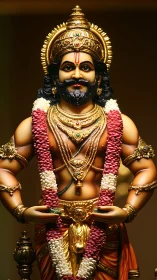 Gold adorned Hindu deity sculpture with floral garlands.