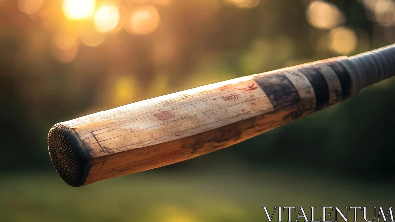 Weathered wooden bat end shown in shallow depth of field
