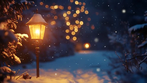 Snowlit lantern glow along a tranquil winter pathway.