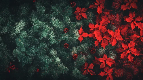 Holiday greenery meets glowing red leaves in cozy harmony