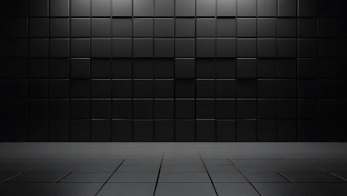 Black tiled cubic wall with glossy floor in empty studio space