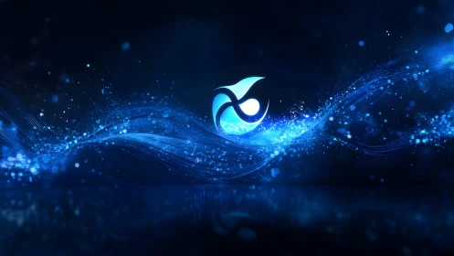 Abstract blue tech wave and glowing emblem on dark background.