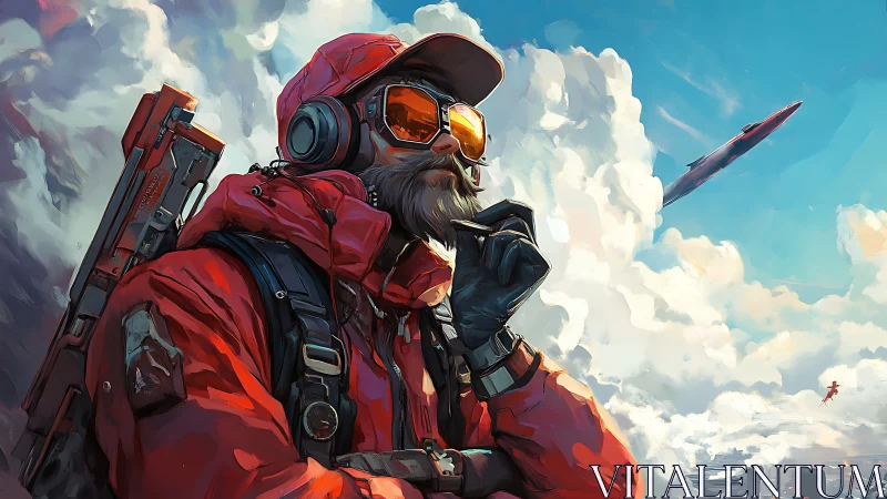 Concept art portrait of airborne sci-fi explorer in red gear.