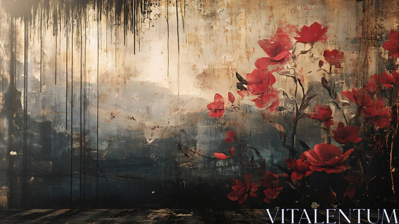 Digital painting wall mural with distressed red floral motif.