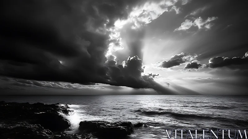 Monochrome seascape records sunlit cumulonimbus over horizon