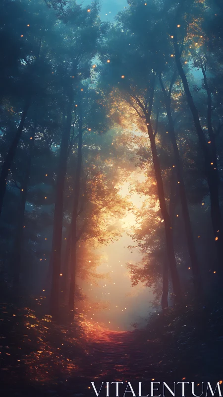 Mystical Forest Pathway with Volumetric Light Rendering and Particle Effects
