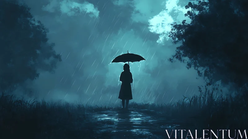 Quiet figure under rain finds calm in a misty blue forest