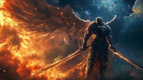 Armored seraph warrior with flaming swords in dynamic backlit nebula