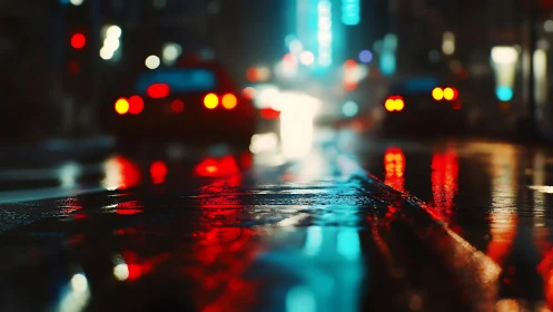 Rain-soaked city street renders neon bokeh with cinematic depth