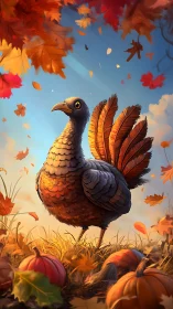 Proud autumn turkey standing amid bright leaves and pumpkins.