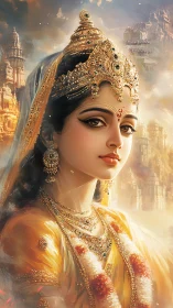 Divine Indian goddess portrait in ornate golden regalia.