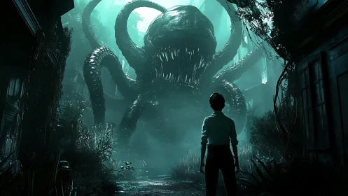 Human confronts towering tentacled monster in alleyway.