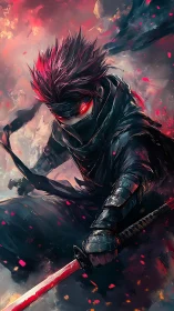 Ember‑eyed shadow warrior carves light through stormfire