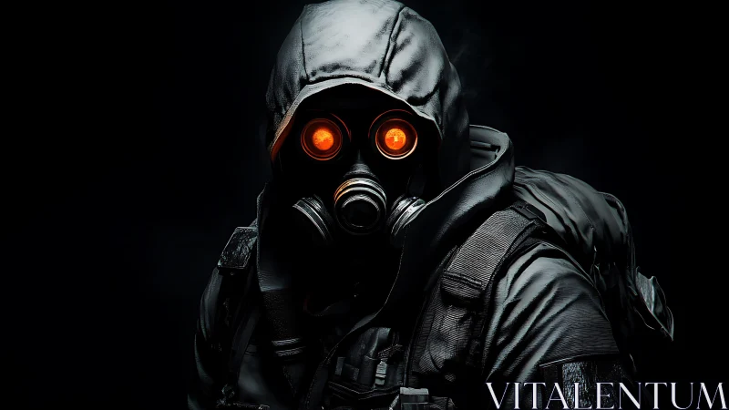 Hooded gas mask soldier with glowing orange goggles.