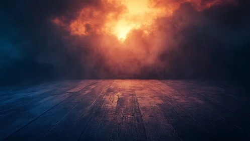 Warm Light Breaks Through Stormy Skies Above Wooden Floor