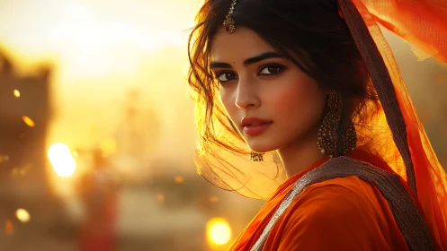 Sunlit portrait of woman in orange sari against glowing bokeh