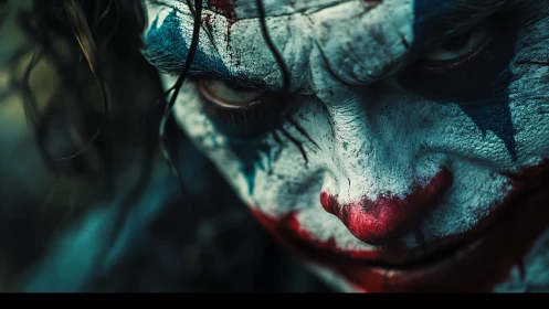 Photorealistic sinister clown portrait in extreme close-up framing.