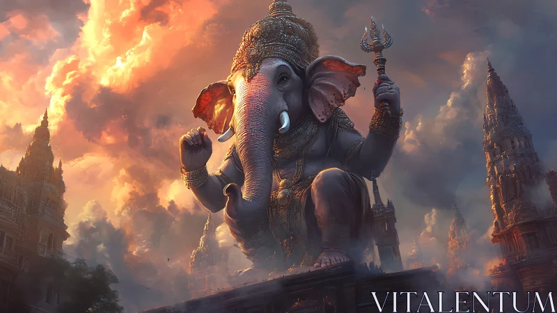 Elephant-headed deity statue rendered against dramatic sky