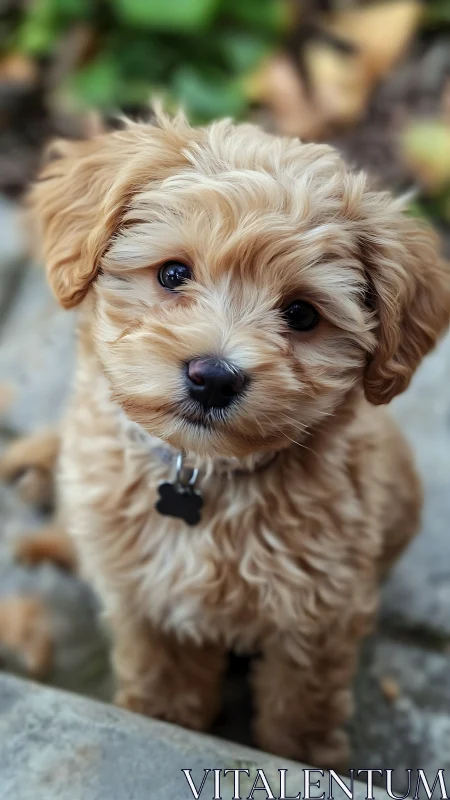 Curly haired puppy gazing up with the sweetest soft eyes.